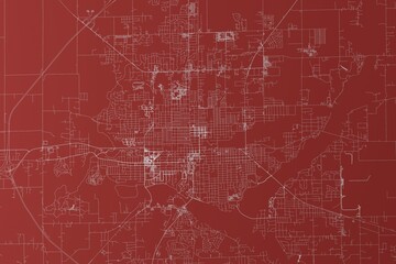 Map of the streets of Decatur (Illinois, USA) made with white lines on red background. Top view. 3d render, illustration