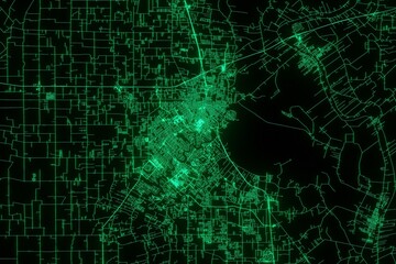 Map of the streets of Lafayette (Louisiana, USA) made with green illumination and glow effect. Top view on roads network. 3d render, illustration