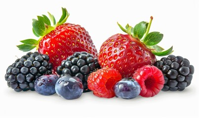 Assortment of ripe strawberries, blueberries, blackberries, and raspberries isolated against a white background
