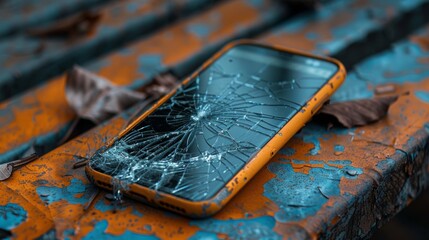 Broken smartphone with cracked screen lying on a weathered bench. Damaged mobile device in need of repair