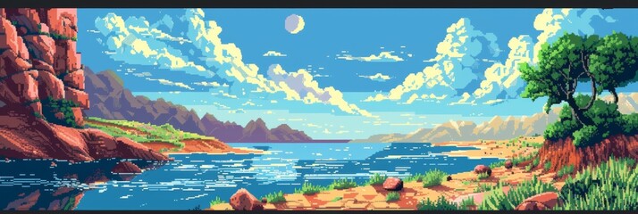 World Water Week. Horizontal banner. Lake in the mountains against the blue sky. Pixel art. Save water and environment concept. Climate change problem. Free space for text, copy space