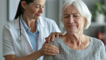 Obraz premium A doctor consoles an elderly woman by placing his hand on her shoulder while talking
