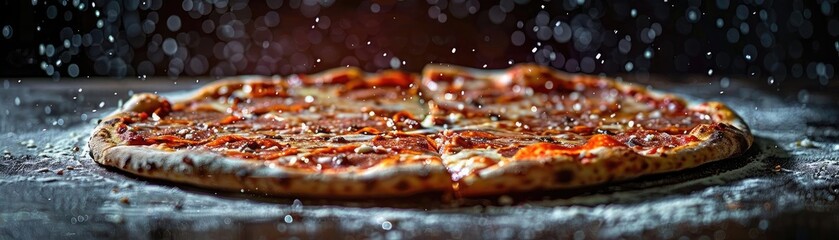 Close-up of a delicious pizza with a thin crust, topped with melted cheese and pepperoni, fresh out of the oven, taken in dramatic lighting.