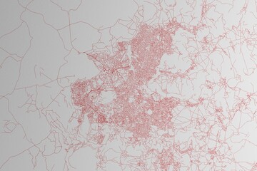 Map of the streets of Maseru (Lesotho) made with red lines on white paper. 3d render, illustration