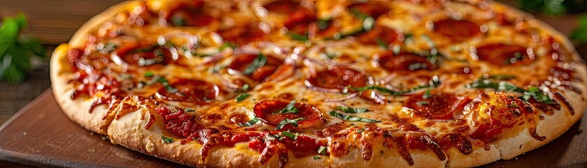 Delicious pepperoni pizza with melted cheese and fresh herbs on a wooden board, perfect for Italian cuisine lovers.