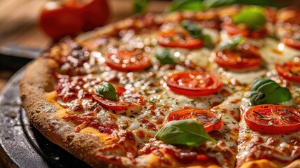 Delicious pizza topped with fresh tomatoes, basil, and melted cheese, served on a wooden board, perfect for a tempting meal.