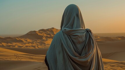 Arabic woman in the desert at sunset. 3d rendering.