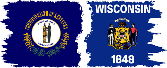 Wisconsin and Kentucky states grunge brush flags connection, vector