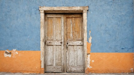 old dilapidated wooden door center blue wall is