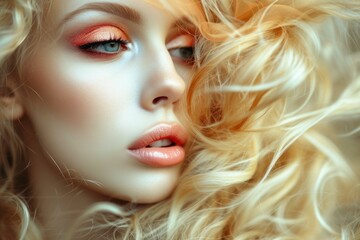 Fototapeta premium Dreamy close-up of a young woman with flowing blonde hair and soft makeup