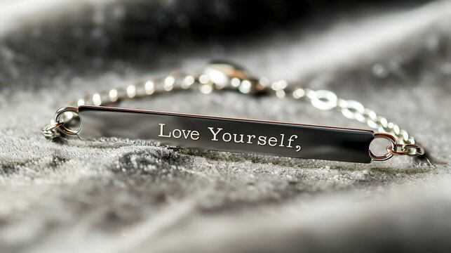 Inspirational Bracelet with “Love Yourself” Engraving - Close-up of a silver bracelet engraved with the words “Love Yourself,” set on a soft, textured background