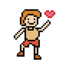 Cute pixel cartoon 8bit character man exercises training dance lifestyle music decoration life style 8 bit male boy dance with music game fitness isolated PNG vector.