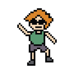 Fototapeta premium Cute pixel cartoon 8bit character man exercises training dance lifestyle music decoration life style 8 bit male boy dance with music game fitness isolated PNG vector.