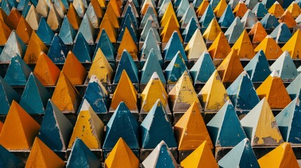 Fototapeta premium Abstract Geometric Pattern of Yellow, Blue and White Painted Triangles.