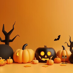 Jack O'Lantern pumpkins and cute Halloween decorations in orange color tone with copy space for text. Volume 34. Square aspect ratio.