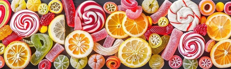 Collection of yupi candy and orange slices photographed from above
