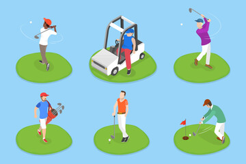 3D Isometric Flat Vector Illustration of Golfers, Players on the Course with Clubs and Carts