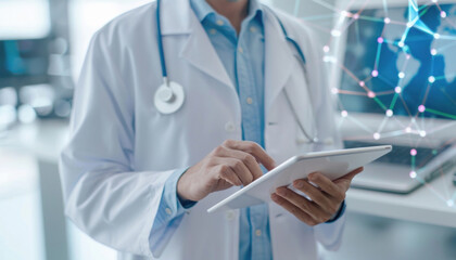 A doctor at the hospital is using a tablet computer to carry out work tasks efficiently