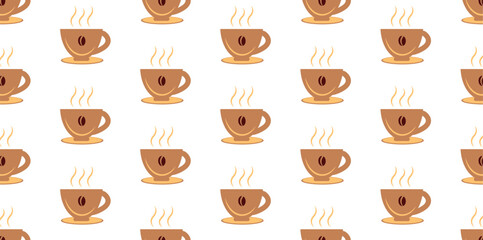 Seamless pattern with cups of hot coffee on white background. For fabric design, poster, product advertisement, packaging, background. Vector graphics 