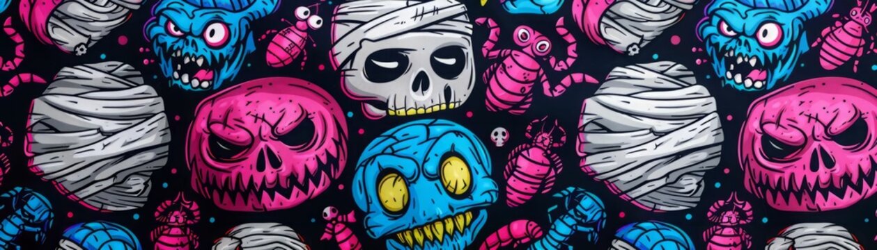 A seamless pattern of spooky Halloween faces on a dark background.