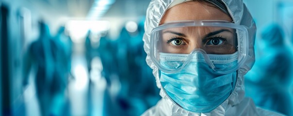 Close-up of a healthcare worker in full protective gear, including mask and goggles, in a hospital setting with colleagues in the background.