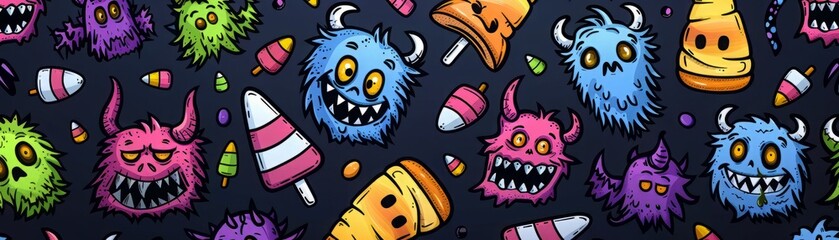 Obraz premium Colorful cartoon monsters and sweets on a dark background.