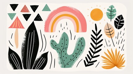 Set of stylish decals and adhesive transfers, showcasing creative artwork and modern designs, ideal for decorating surfaces and personal items, flat design illustration