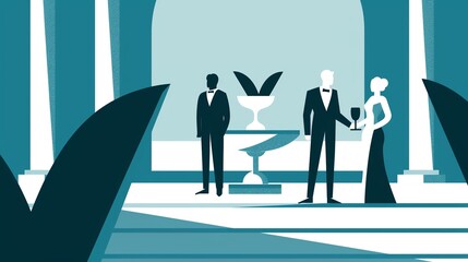 Obraz premium Sophisticated gala setting, impeccably dressed guests, seamless transfers from one opulent venue to another, illustrating a night of grandeur, flat design illustration