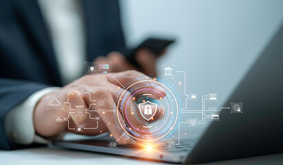 Person with virtual shield, representing secure access and encrypted connections, with...