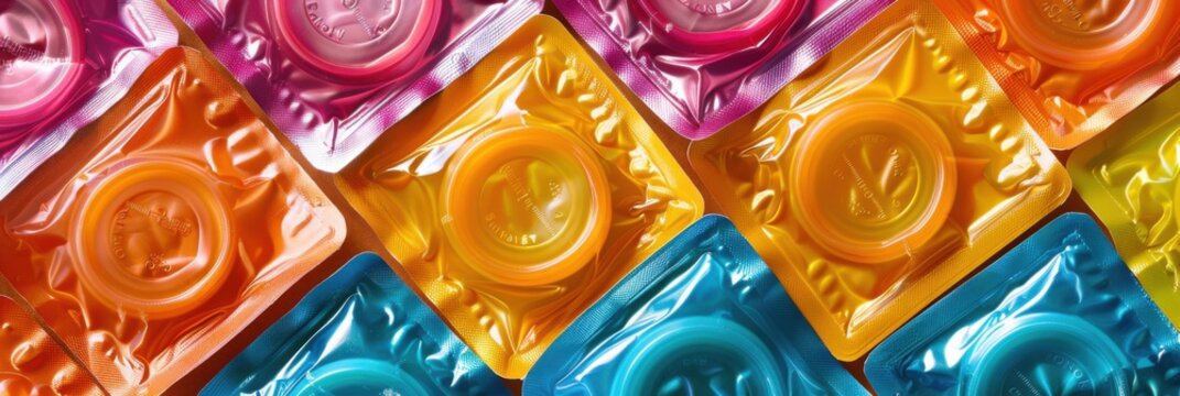 World Contraception Day. Horizontal poster. Condoms of different colors on a white background. The concept of protection from unwanted pregnancy and disease. World Sexual Health Day - Powered by Adobe