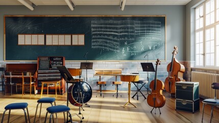 Music Room with Musical Instruments and Sheet Music