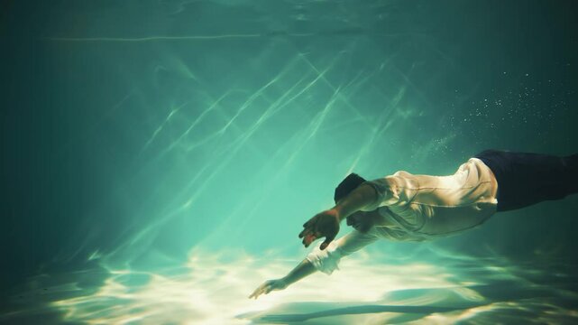 man swims floating in depth underwater world, sleep office worker in casual clothes white shirt black trousers slow motion. aqua studio pool ocean sea blue water. wet guy tired guy dreams of vacation
