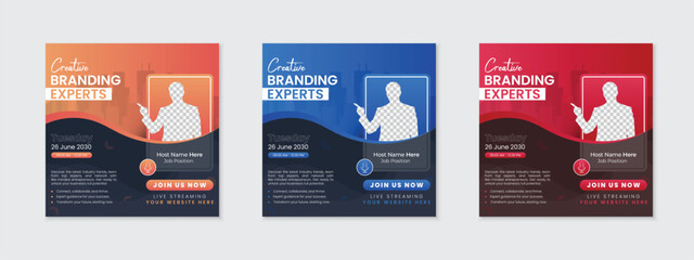 Corporate business conference meeting social media post set for digital marketing agency, live webinar modern post template bundle, creative and modern invitation editable square banner