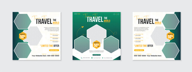 Modern tour travel social media post design template for holiday vacation packages ads for marketing business promotion, square editable vector web banner bundle set, discount sale promo poster