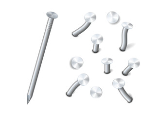 Nails hammered into wall steel straight and bent metal hardware spikes. Hobnails with grey caps top view isolated on transparent background. Vector