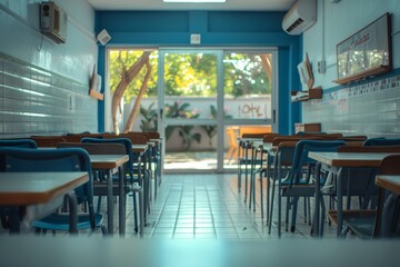 Obraz premium Bright and Clean Empty Classroom with White Tables and Chairs, Open Door Framing the Scene, Shot from Inside Looking Out in Brazil. 