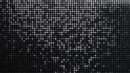 Wall with black and white polka dots. Stylish disco shiny silver paillette. Shiny iron pattern of round sequins. Round gray white scales. 