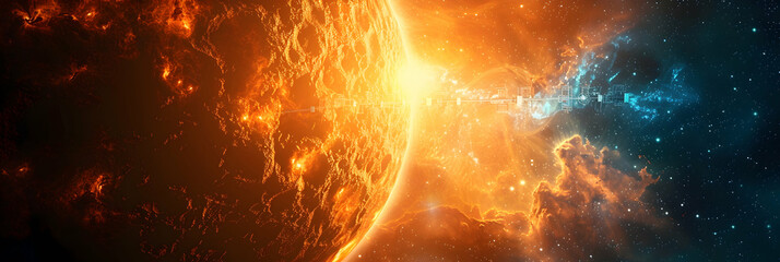Naklejka premium Futuristic solar planet with a network of interstellar communication arrays, enabling instant contact with distant star systems 