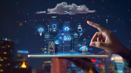 A businessman holds a tablet displaying a smart city hologram and icons of networks, technology, and internet connection. Smart city buildings. Future urban technologies. Modern tech and connectivity