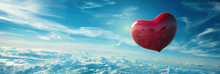 World Heart Day. Horizontal banner. Red heart against a background of blue sky and white clouds. Free space for text. Health care concept, healthy lifestyle, prevention of heart attack, organ donation