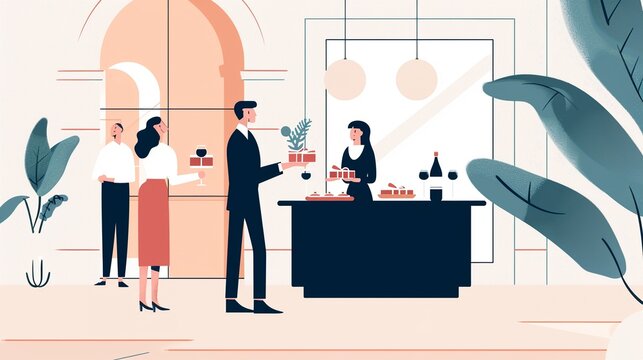Thanksgiving gala reception, guests mingling and transferring gifts, a harmonious blend of elegance and festive spirit, flat design illustration