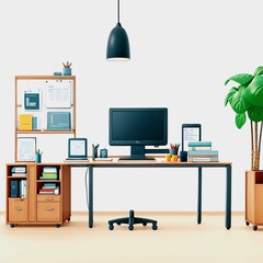 Blank screen of monitor in computer on wooden office desk in stylish business room with white wall and mock up. Light interior of office space with plants and laptop in vintage style. Banner.