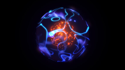 A blue wavy energy sphere with a red hot core. Neon transparent electric planet with a red atomic clot in the center. 