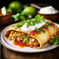 Close-up of mouthwatering enchiladas smothered in rich sauce and melted cheese, garnished with fresh herbs.