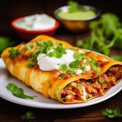 Close-up of mouthwatering enchiladas smothered in rich sauce and melted cheese, garnished with fresh herbs.