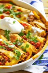 Close-up of mouthwatering enchiladas smothered in rich sauce and melted cheese, garnished with fresh herbs.