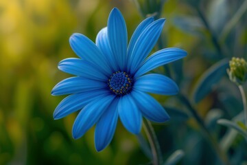 Fototapeta premium Close-up of a radiant blue daisy with a yellow core basking in a soft sunlight