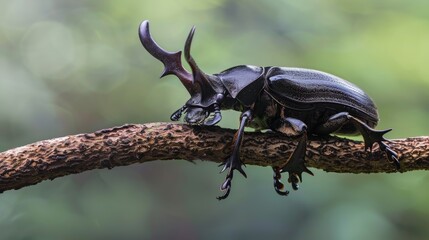 Focus Photo of a Beetle on a Branch with Green Background
