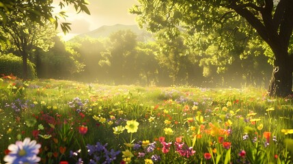Fototapeta premium Vibrant wildflower meadow bathed in golden sunlight, offering a cheerful and lively backdrop. 