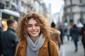 Busy city street with people walking, including a smiling woman in casual clothes